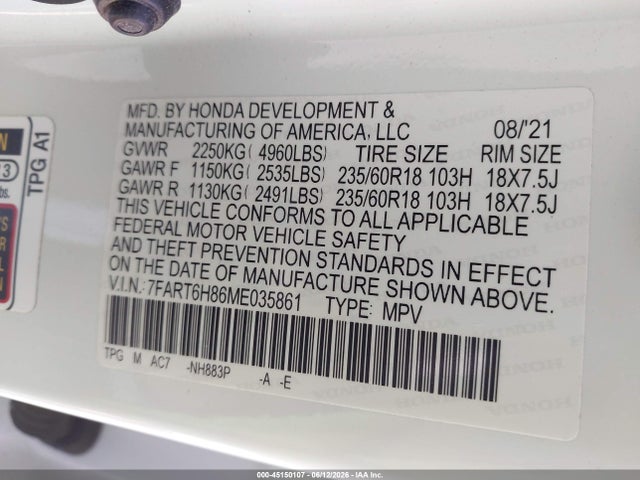 7FART6H86ME035861 Honda Cr-v Hybrid Ex-l