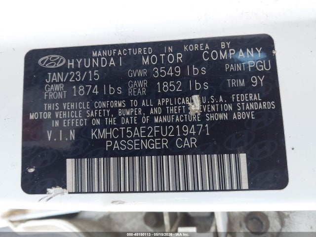 Продаж на аукціоні авто 2015 Hyundai Accent Gs, vin: KMHCT5AE2FU219471, номер лоту: 45150113