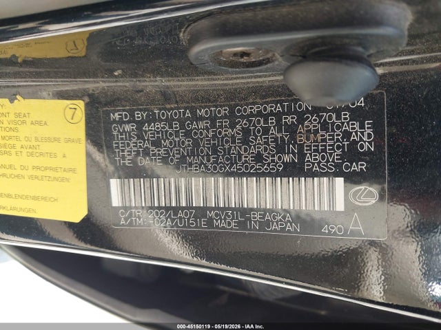 Продажа на аукционе авто 2004 Lexus Es 330, vin: JTHBA30GX45025659, номер лота: 45150119