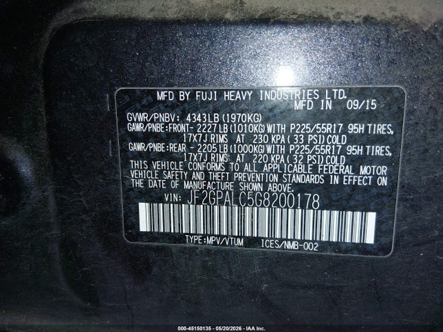 Aukcja sprzedaży 2016 Subaru Crosstrek 2.0i Limited, vin: JF2GPALC5G8200178, numer aukcji: 45150135