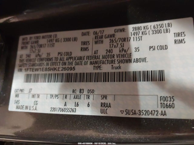 45150136 :رقم المزاد ، 1FTEW1E85HKE26095 vin ، 2017 Ford F-150 Xl مزاد بيع