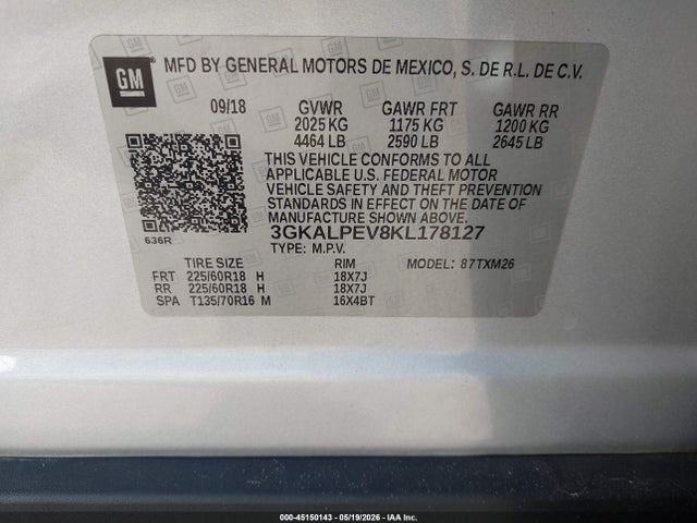 45150143 :رقم المزاد ، 3GKALPEV8KL178127 vin ، 2019 Gmc Terrain Slt مزاد بيع