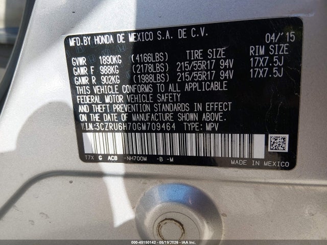 Honda Hr-v Ex-l 2016 3CZRU6H70GM709464 Image 9