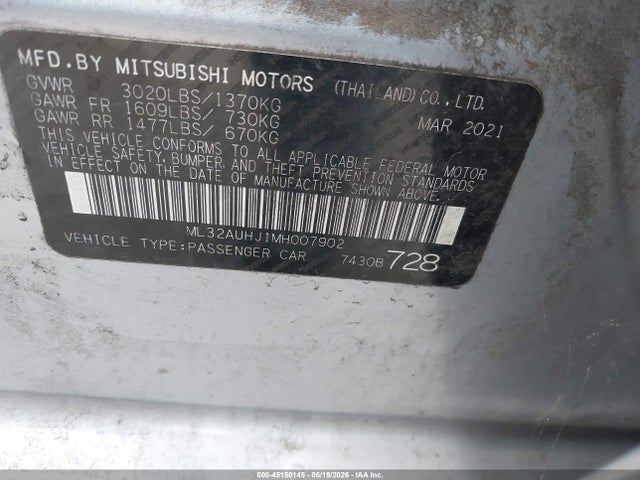Продаж на аукціоні авто 2021 Mitsubishi Mirage Carbonite Edition/es/le, vin: ML32AUHJ1MH007902, номер лоту: 45150145