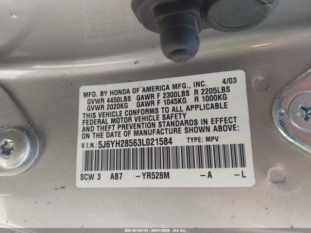 45150153 :رقم المزاد ، 5J6YH28563L021584 vin ، 2003 Honda Element Ex مزاد بيع