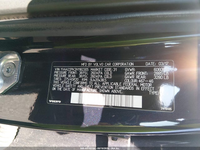 45150154 :رقم المزاد ، YV4A22PK2H1182305 vin ، 2017 Volvo Xc90 T6 Momentum مزاد بيع