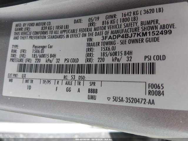 Aukcja sprzedaży 2019 Ford Fiesta Se, vin: 3FADP4BJ7KM152499, numer aukcji: 45150166