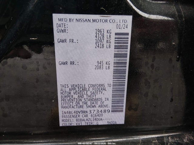 2024 Nissan Altima Sv Fwd მანქანა იყიდება აუქციონზე, vin: 1N4BL4DV9RN373489, აუქციონის ნომერი: 45150167