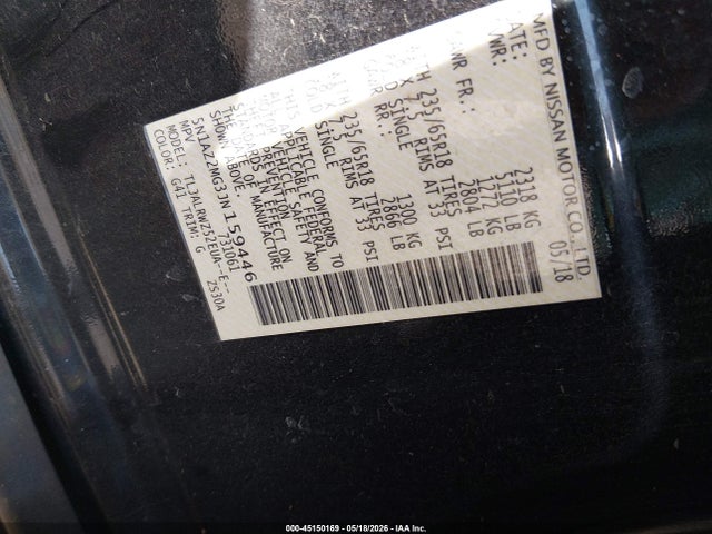 2018 Nissan Murano Sl მანქანა იყიდება აუქციონზე, vin: 5N1AZ2MG3JN159446, აუქციონის ნომერი: 45150169