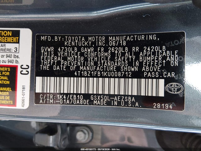2019 Toyota Avalon Touring მანქანა იყიდება აუქციონზე, vin: 4T1BZ1FB1KU008712, აუქციონის ნომერი: 45150173