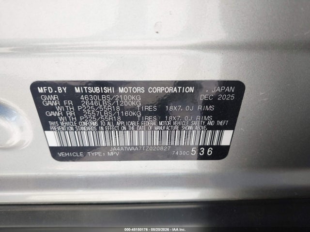 Продаж на аукціоні авто 2026 Mitsubishi Eclipse Cross Black Edition S-awc/se S-awc/sel S-awc, vin: JA4ATWAA7TZ020827, номер лоту: 45150176
