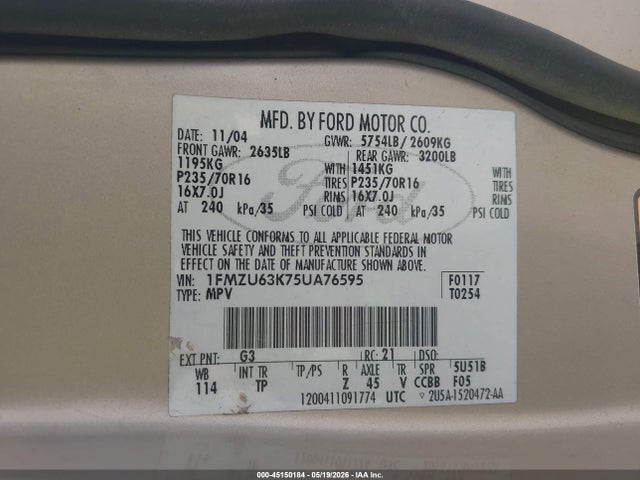 2005 Ford Explorer Xlt/xlt Sport მანქანა იყიდება აუქციონზე, vin: 1FMZU63K75UA76595, აუქციონის ნომერი: 45150184