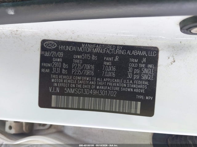 Aukcja sprzedaży 2009 Hyundai Santa Fe Gls, vin: 5NMSG13D49H301702, numer aukcji: 45150186