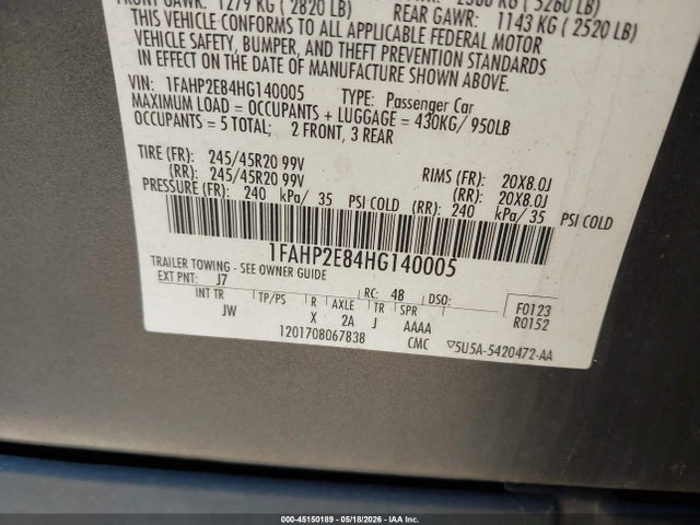 Продаж на аукціоні авто 2017 Ford Taurus Sel, vin: 1FAHP2E84HG140005, номер лоту: 45150189