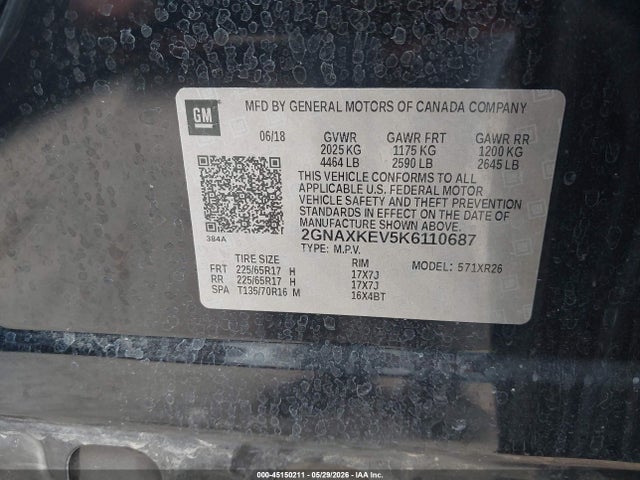 Aukcja sprzedaży 2019 Chevrolet Equinox Lt, vin: 2GNAXKEV5K6110687, numer aukcji: 45150211