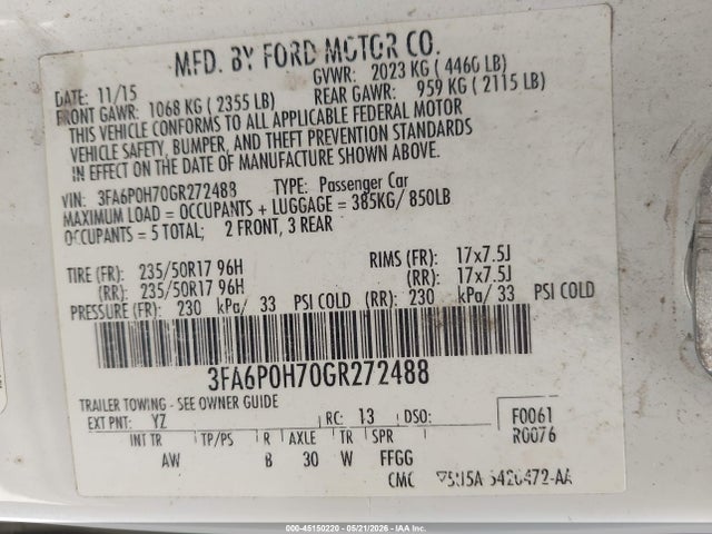 45150220 :رقم المزاد ، 3FA6P0H70GR272488 vin ، 2016 Ford Fusion Se مزاد بيع
