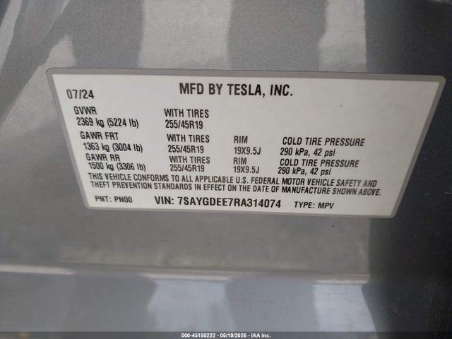 2024 Tesla Model Y Long Range Dual Motor All-wheel Drive მანქანა იყიდება აუქციონზე, vin: 7SAYGDEE7RA314074, აუქციონის ნომერი: 45150222