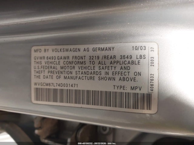 Aukcja sprzedaży 2004 Volkswagen Touareg V8, vin: WVGCM67L74D031471, numer aukcji: 45150232