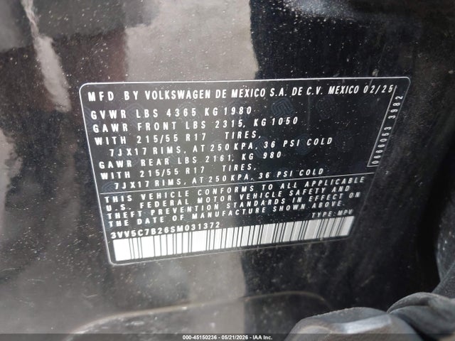 45150236 :رقم المزاد ، 3VV5C7B26SM031372 vin ، 2025 Volkswagen Taos 1.5t S مزاد بيع