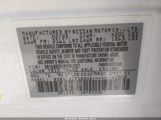 3N1AB8CV1NY243367 Nissan Sentra Sv Xtronic Cvt