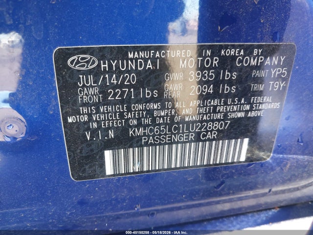 45150258 :رقم المزاد ، KMHC65LC1LU228807 vin ، 2020 Hyundai Ioniq Hybrid Blue مزاد بيع