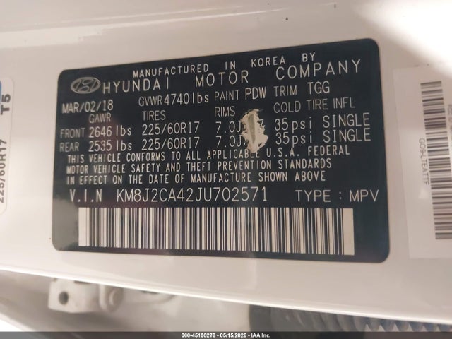 Aukcja sprzedaży 2018 Hyundai Tucson Se, vin: KM8J2CA42JU702571, numer aukcji: 45150275