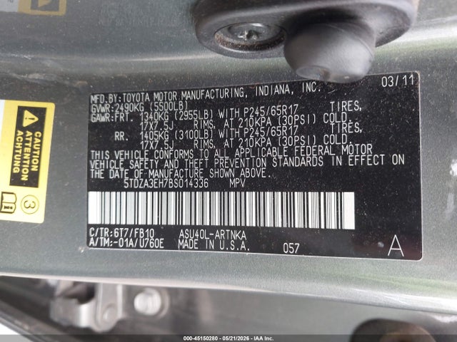 Продажа на аукционе авто 2011 Toyota Highlander, vin: 5TDZA3EH7BS014336, номер лота: 45150280