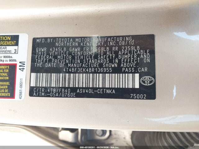 Продаж на аукціоні авто 2011 Toyota Camry Le, vin: 4T4BF3EK4BR136955, номер лоту: 45150281