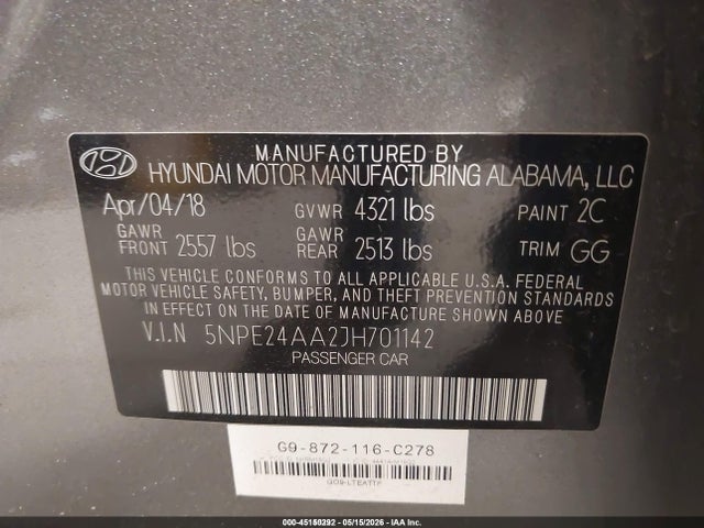 Aukcja sprzedaży 2018 Hyundai Sonata Eco, vin: 5NPE24AA2JH701142, numer aukcji: 45150292