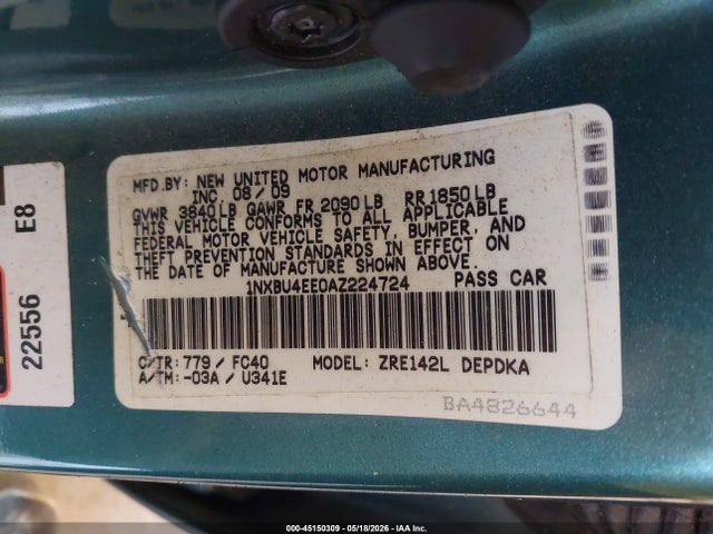 45150309 :رقم المزاد ، 1NXBU4EE0AZ224724 vin ، 2010 Toyota Corolla Le مزاد بيع