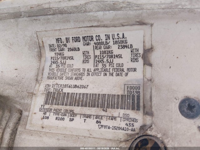 1990 Ford Ranger მანქანა იყიდება აუქციონზე, vin: 1FTCR10T6LUB62067, აუქციონის ნომერი: 45150311