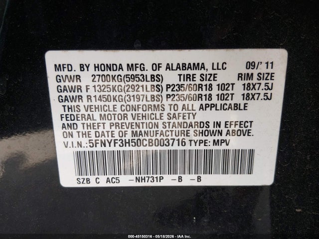 Aukcja sprzedaży 2012 Honda Pilot Ex-l, vin: 5FNYF3H50CB003716, numer aukcji: 45150316