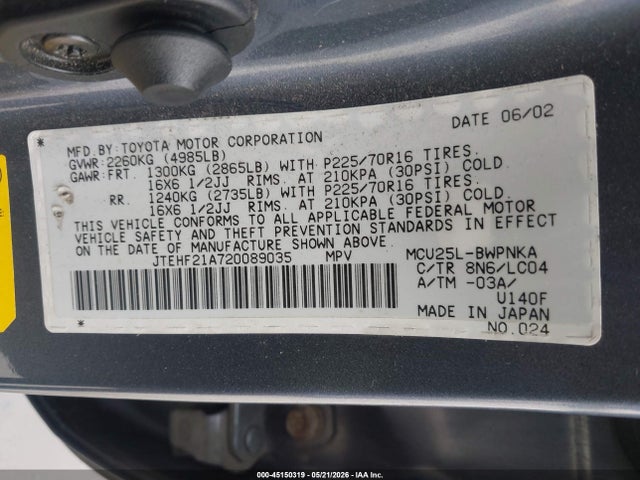 Aukcja sprzedaży 2002 Toyota Highlander Limited V6, vin: JTEHF21A720089035, numer aukcji: 45150319