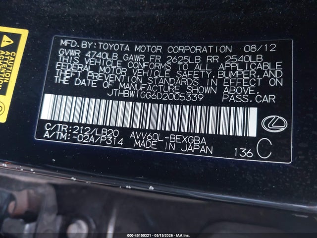 Продажа на аукционе авто 2013 Lexus Es 300h, vin: JTHBW1GG6D2005339, номер лота: 45150321