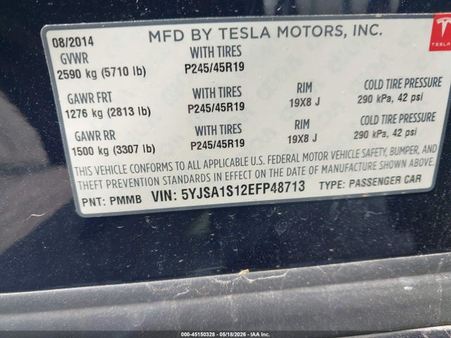 2014 Tesla Model S მანქანა იყიდება აუქციონზე, vin: 5YJSA1S12EFP48713, აუქციონის ნომერი: 45150328