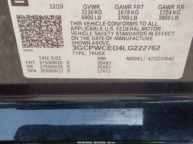 45150353 :رقم المزاد ، 3GCPWCED4LG222762 vin ، 2020 Chevrolet Silverado 1500 2wd  Short Bed Lt مزاد بيع