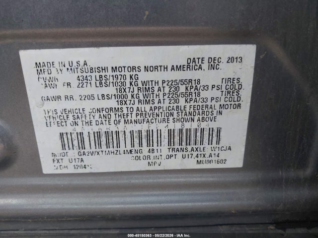 Aukcja sprzedaży 2014 Mitsubishi Outlander Sport Es, vin: 4A4AR3AU1EE018104, numer aukcji: 45150363