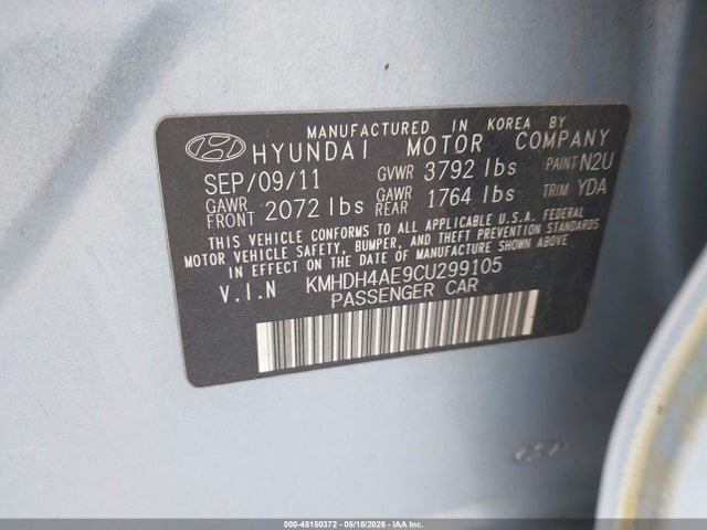 Продаж на аукціоні авто 2012 Hyundai Elantra Gls (ulsan Plant), vin: KMHDH4AE9CU299105, номер лоту: 45150372