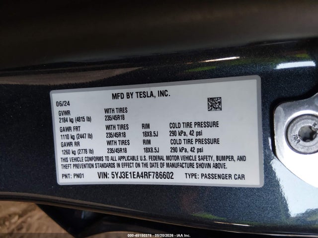 Aukcja sprzedaży 2024 Tesla Model 3, vin: 5YJ3E1EA4RF786602, numer aukcji: 45150378