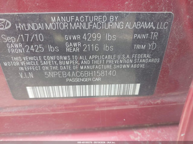 Aukcja sprzedaży 2011 Hyundai Sonata Gls, vin: 5NPEB4AC6BH158140, numer aukcji: 45150379