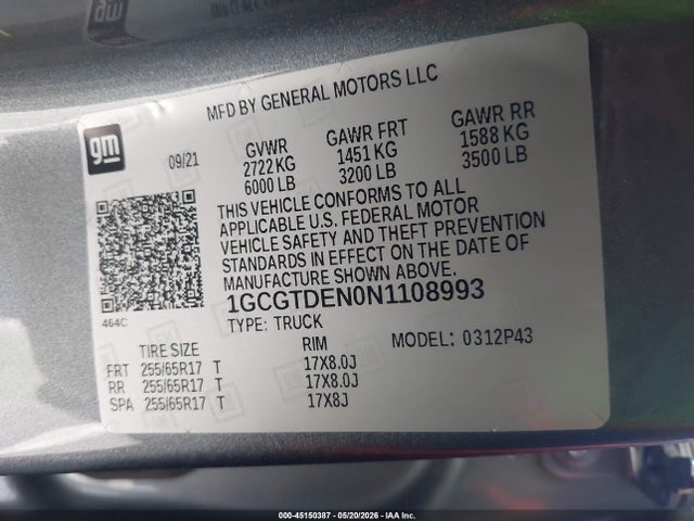 45150387 :رقم المزاد ، 1GCGTDEN0N1108993 vin ، 2022 Chevrolet Colorado 4wd  Short Box Z71 مزاد بيع