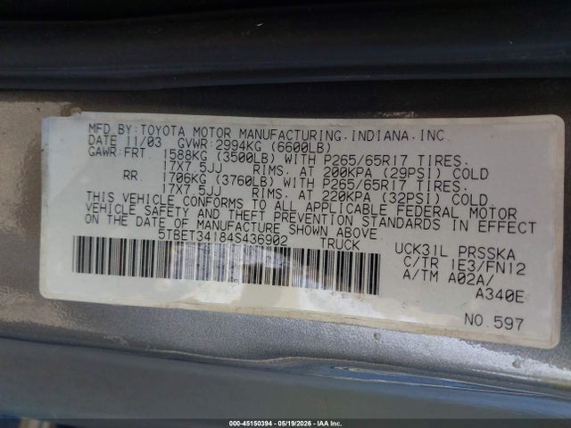 Aukcja sprzedaży 2004 Toyota Tundra Sr5 V8, vin: 5TBET34184S436902, numer aukcji: 45150394