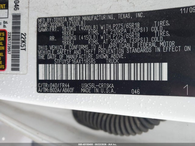 Продажа на аукционе авто 2010 Toyota Tundra Grade 5.7l V8, vin: 5TFUY5F16AX118585, номер лота: 45150405
