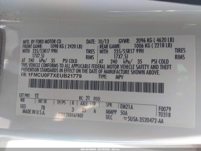 Продажа на аукционе авто 2014 Ford Escape S, vin: 1FMCU0F7XEUB21779, номер лота: 45150406