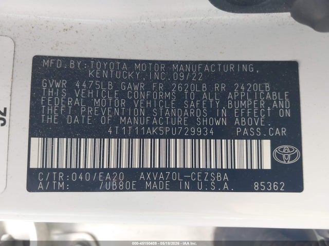 4T1T11AK5PU729934 Toyota CAMRY SE