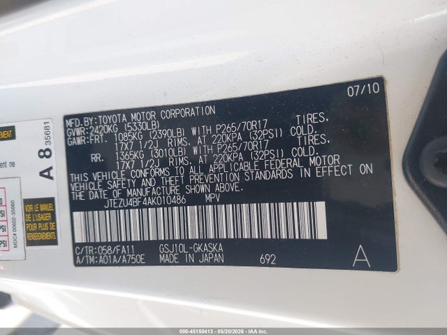 Aukcja sprzedaży 2010 Toyota Fj Cruiser, vin: JTEZU4BF4AK010486, numer aukcji: 45150413
