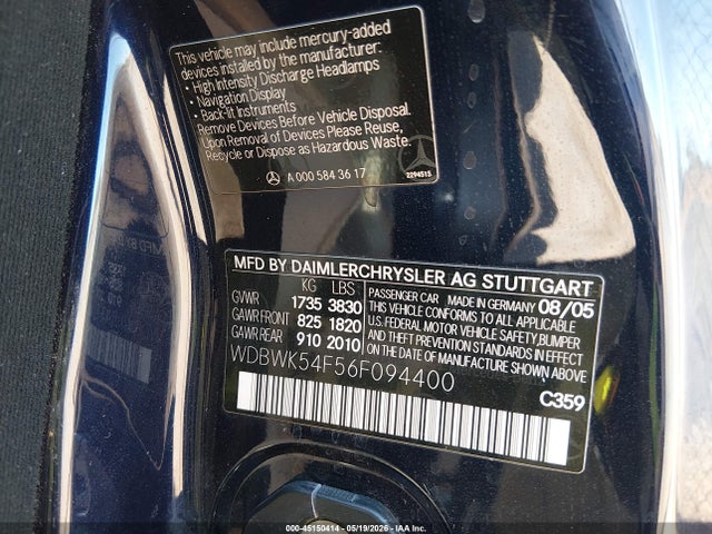 2006 Mercedes-benz Slk 280 მანქანა იყიდება აუქციონზე, vin: WDBWK54F56F094400, აუქციონის ნომერი: 45150414