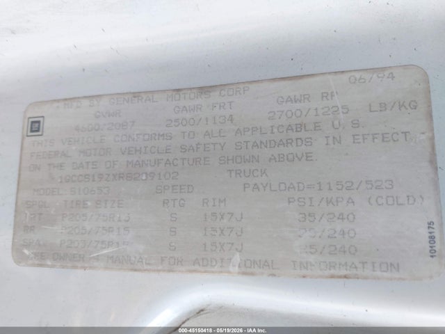 1994 Chevrolet S Truck S10 მანქანა იყიდება აუქციონზე, vin: 1GCCS19ZXR8239102, აუქციონის ნომერი: 45150418