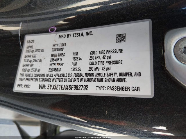 Aukcja sprzedaży 2025 Tesla Model 3 Long Range Rear-wheel Drive/standard Rear-wheel Drive, vin: 5YJ3E1EAXSF982792, numer aukcji: 45150422