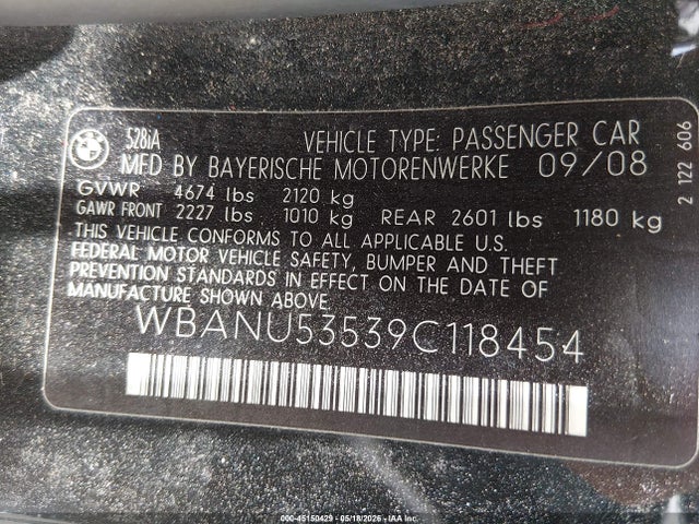Auction sale of the 2009 Bmw 528i, vin: WBANU53539C118454, lot number: 45150429